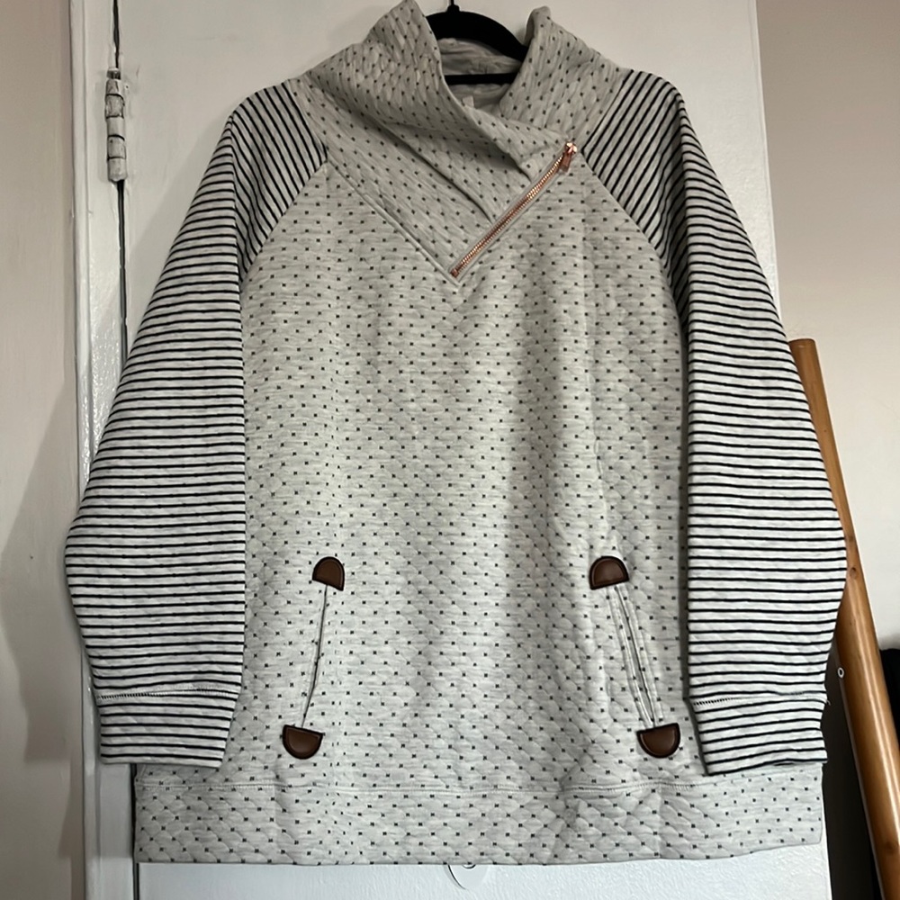 Oatmeal Striped Sleeve Asymmetric Cowl Neck Sweatshirt